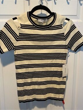 FRAME Women’s Ribbed Cold Shoulder Knit Top Sweater Off White Multi Size M NWT